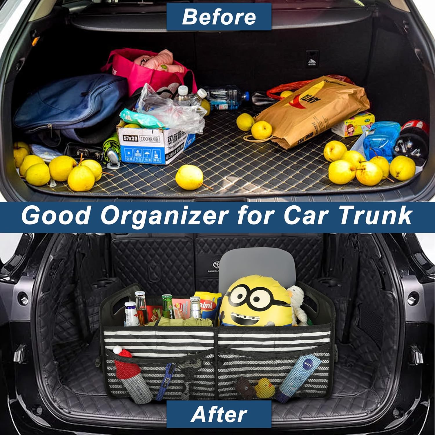 Deosk Car Trunk Organzier for suv,Car Organziers and Storage with 6 Big Pocket,Car Accessories for Women/Men 50L Waterproof Polyester Trunk Organzier for Car/SUV/Minivan/Truck（Medium, Stripe）