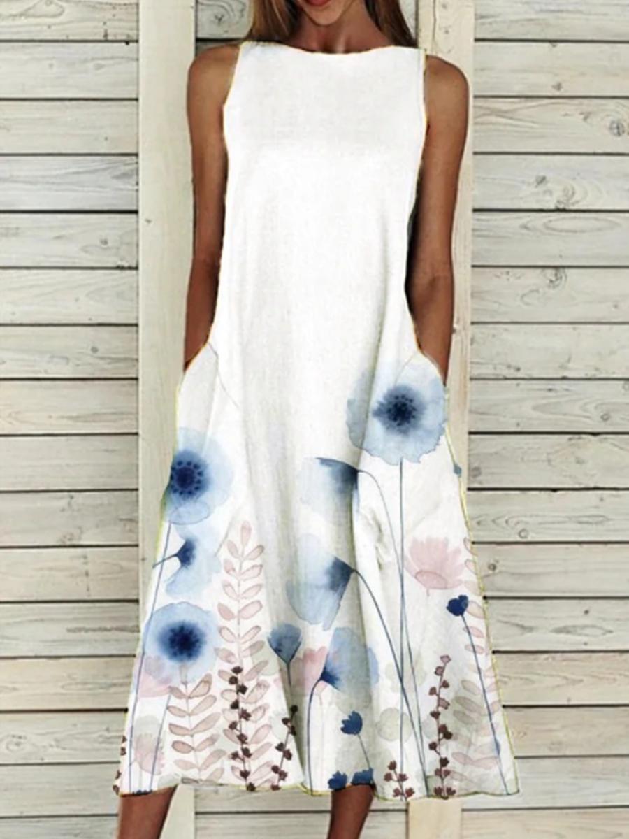 Ladies Round Neck Floral Print Casual Sleeveless Dress