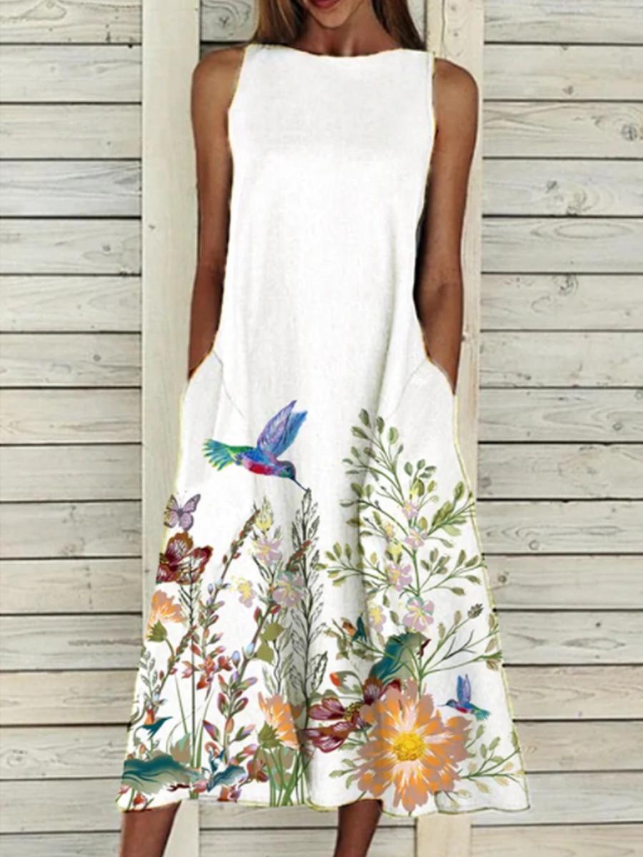 Ladies Round Neck Floral Print Casual Sleeveless Dress