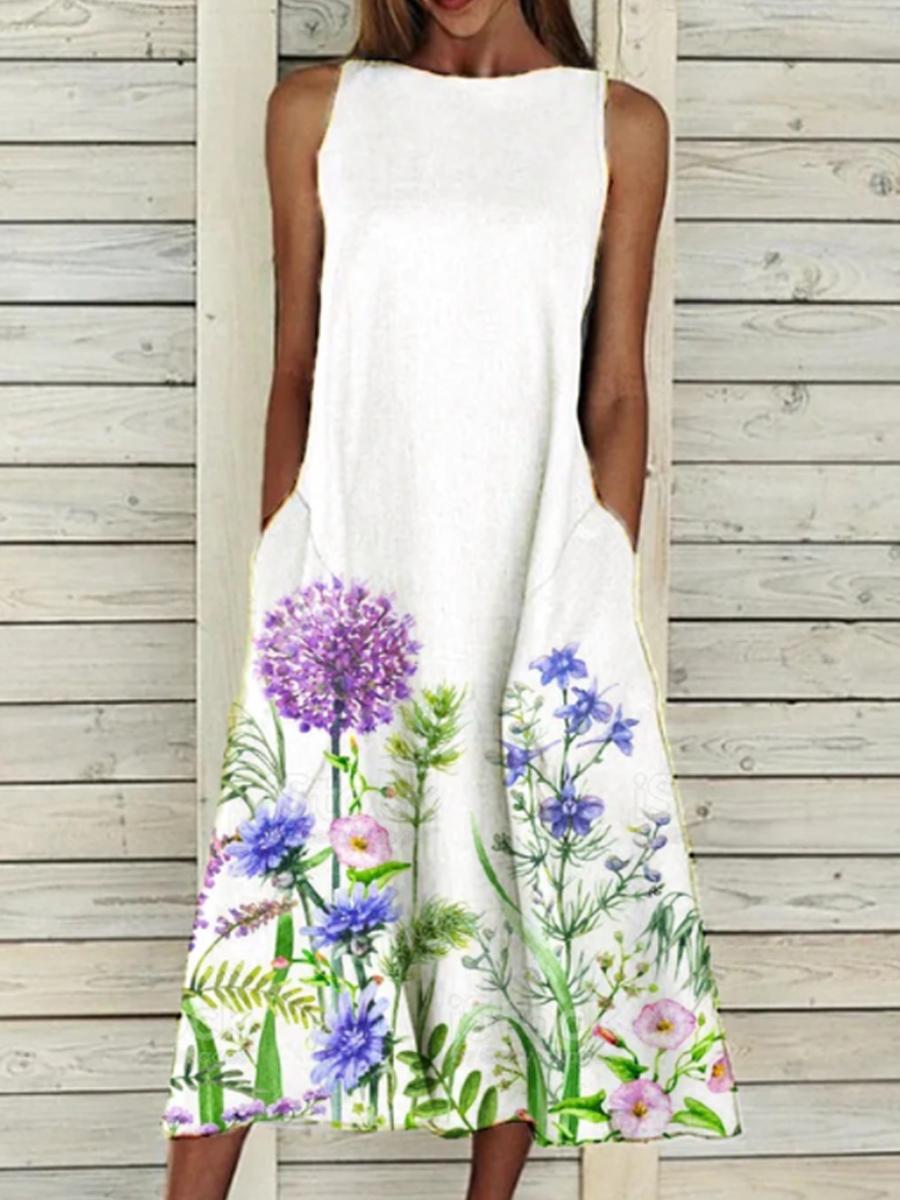 Ladies Round Neck Floral Print Casual Sleeveless Dress