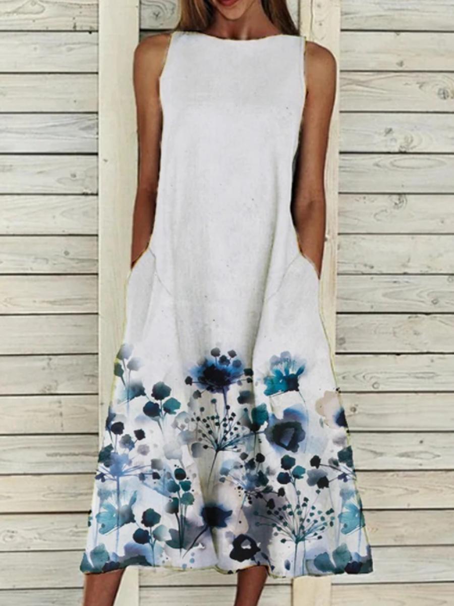 Ladies Round Neck Floral Print Casual Sleeveless Dress