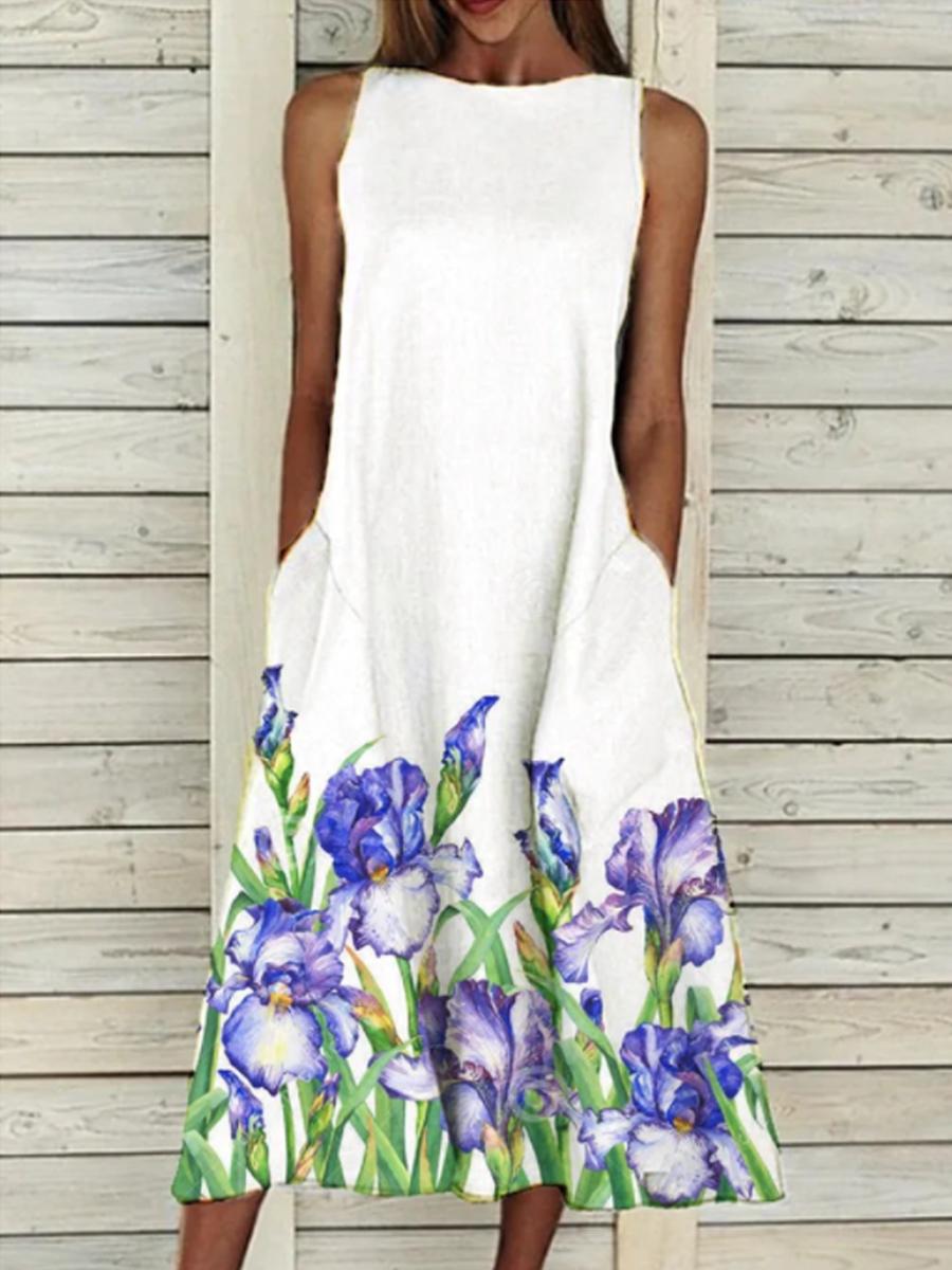 Ladies Round Neck Floral Print Casual Sleeveless Dress