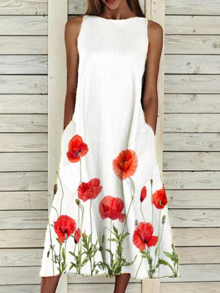 Ladies Round Neck Floral Print Casual Sleeveless Dress