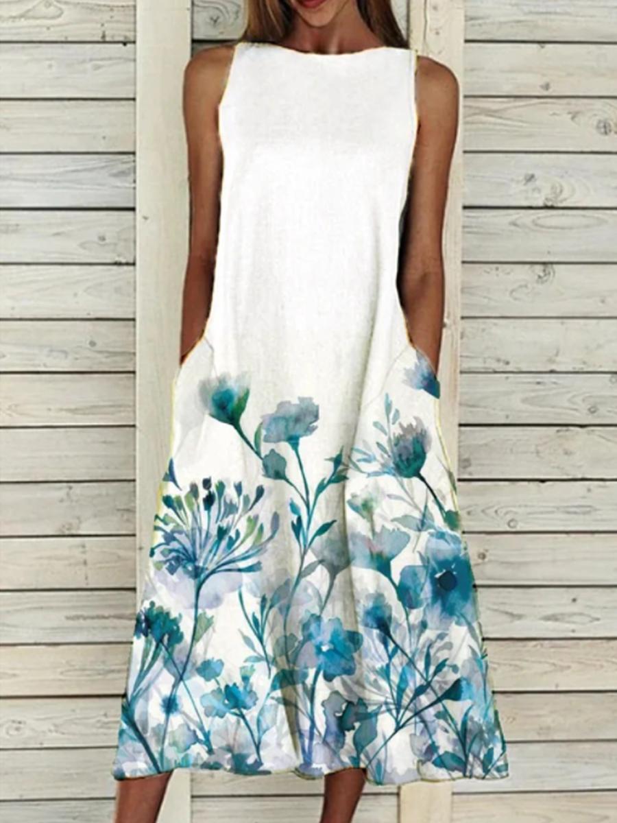 Ladies Round Neck Floral Print Casual Sleeveless Dress