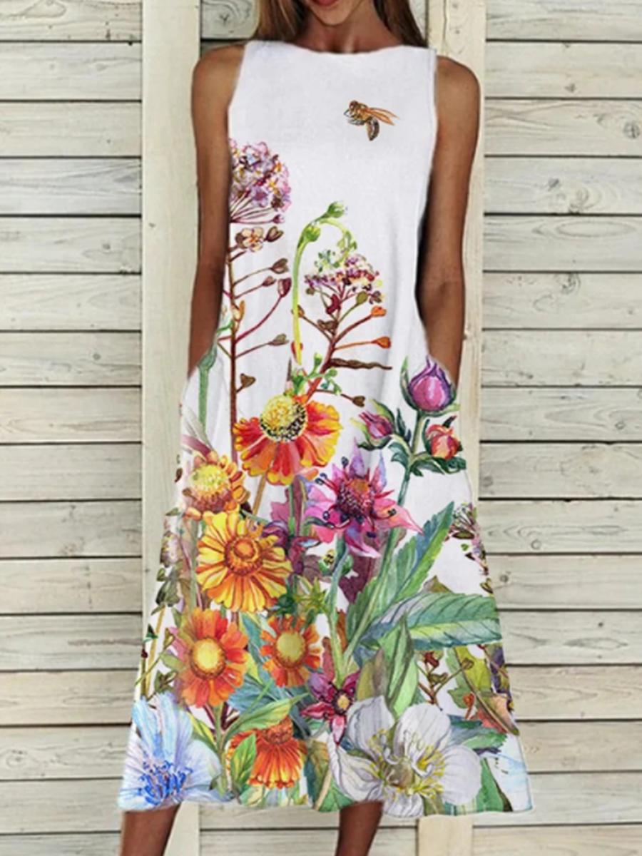 Ladies Round Neck Floral Print Casual Sleeveless Dress