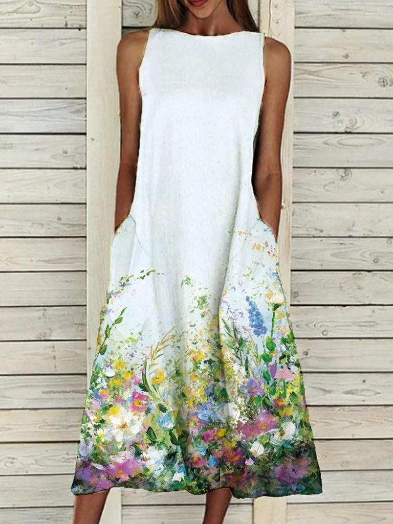 Ladies Round Neck Floral Print Casual Sleeveless Dress