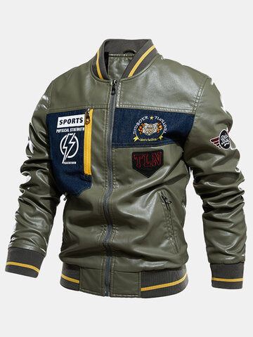 mens pu leather casual fleece lined thick varsity jacket with badges