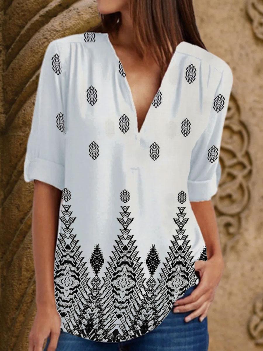 V-neck Printed Loose Long-sleeved Blouse