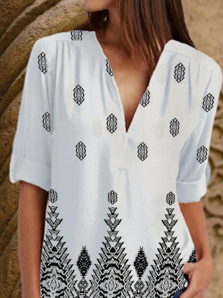 V-neck Printed Loose Long-sleeved Blouse