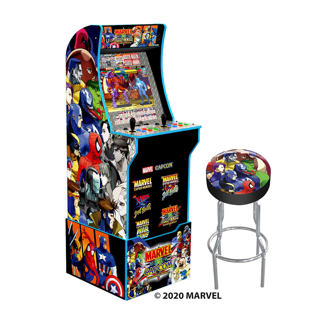 Arcade1UP Marvel vs. Capcom, 4 Games in 1, Arcade with Riser, Lit Marquee, and Stool
