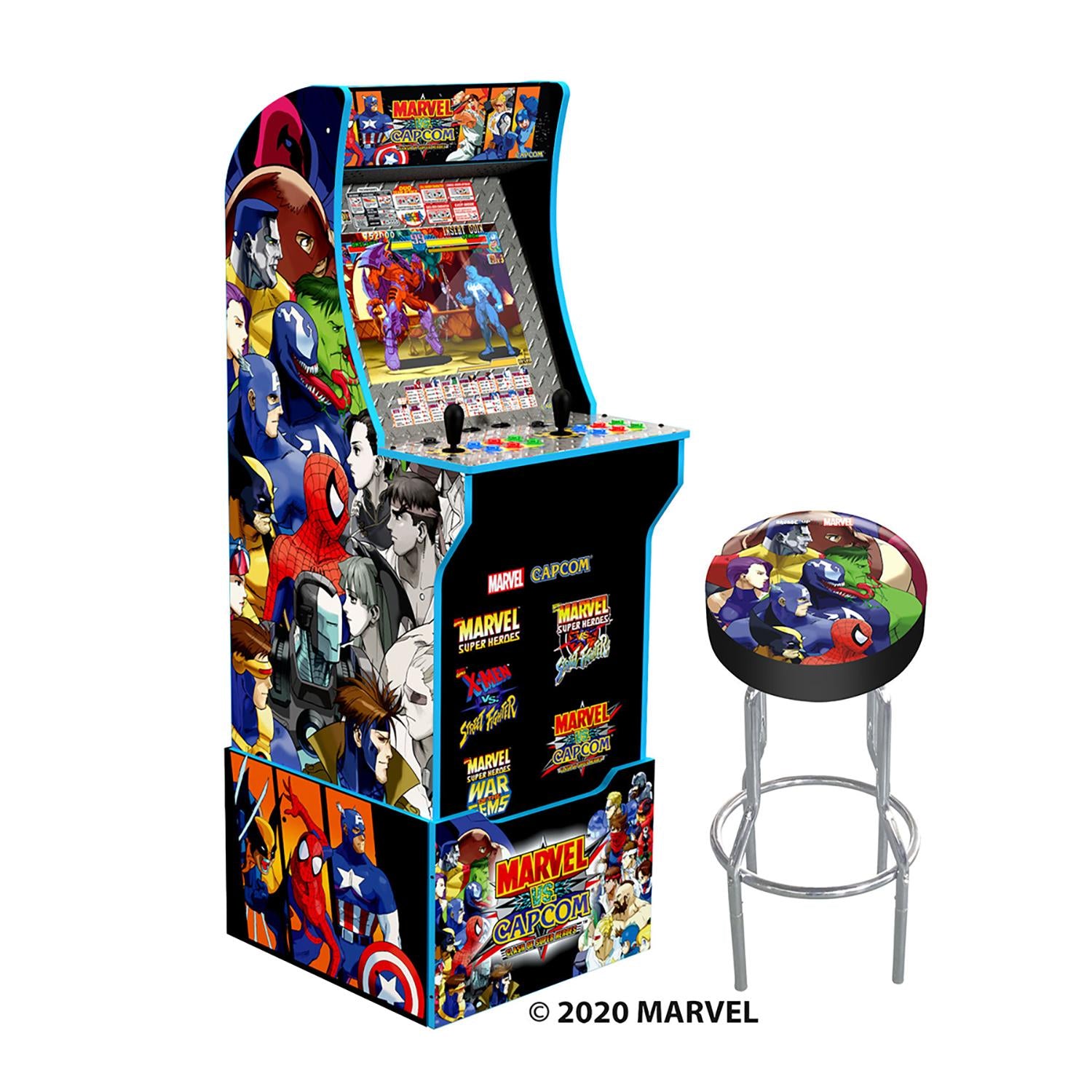 Arcade1UP Marvel vs. Capcom, 4 Games in 1, Arcade with Riser, Lit Marquee, and Stool