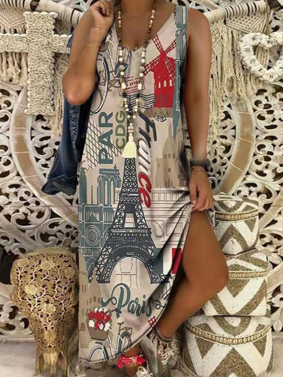 Fashion Printed V-neck Long Dress