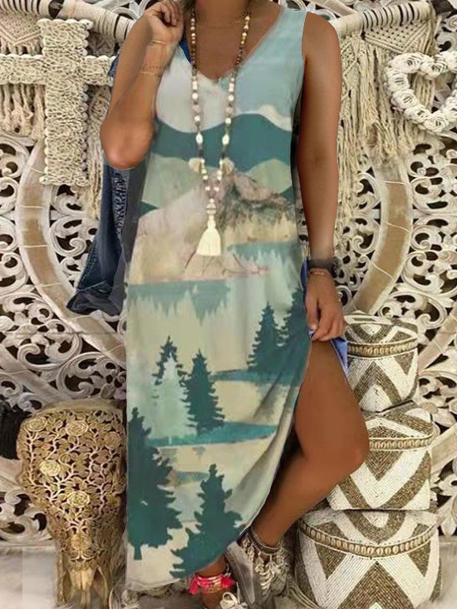Fashion Printed V-neck Long Dress