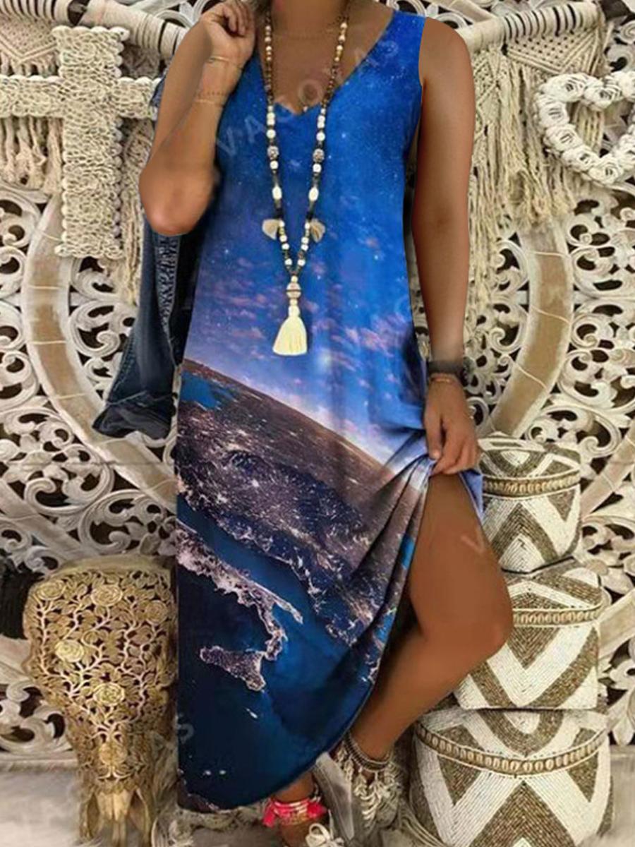Fashion Printed V-neck Long Dress