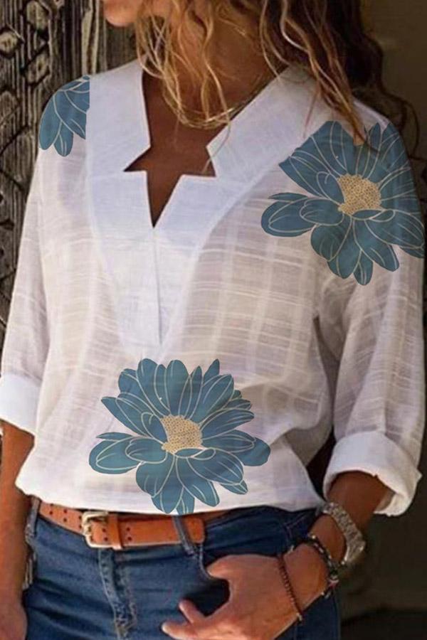 Floral Star Neck Long Sleeve Blouse