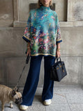 Ladies' Elegant Red And Blue Contrasting Floral Oil Painting Series Printing Suit