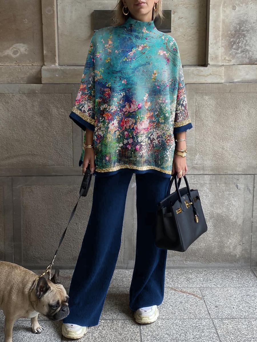 Ladies' Elegant Red And Blue Contrasting Floral Oil Painting Series Printing Suit
