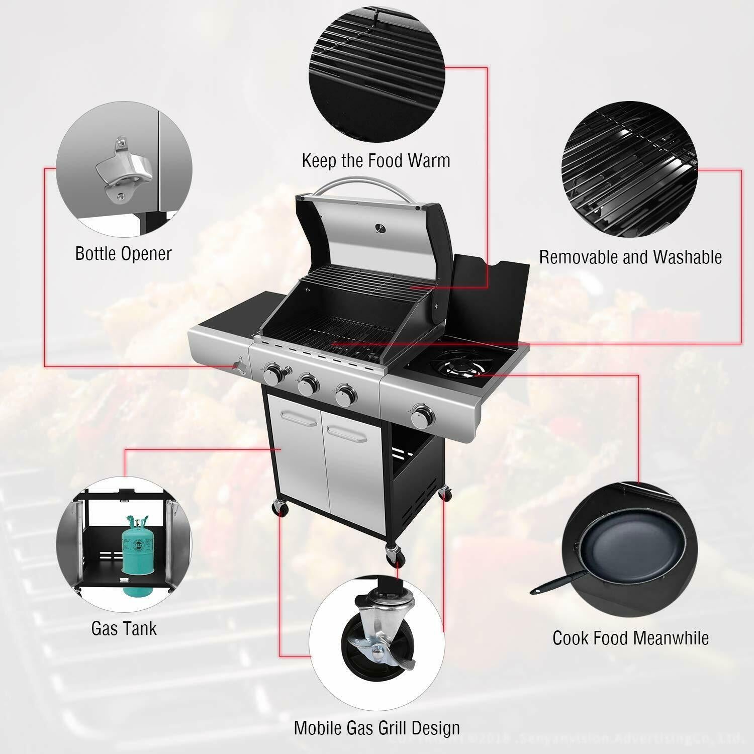 34000 BTU Liquid Propane Grill with 3-Burner,Temperature Display