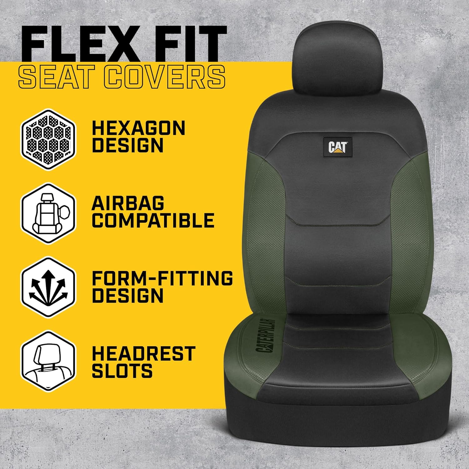 CatFlexfit Automotive Seat Covers for Cars Trucks and SUVs (Set of 2) – Black Car Seat Covers for Front Seats, Truck Seat Protectors with Green Honeycomb Trim, Auto Interior Covers