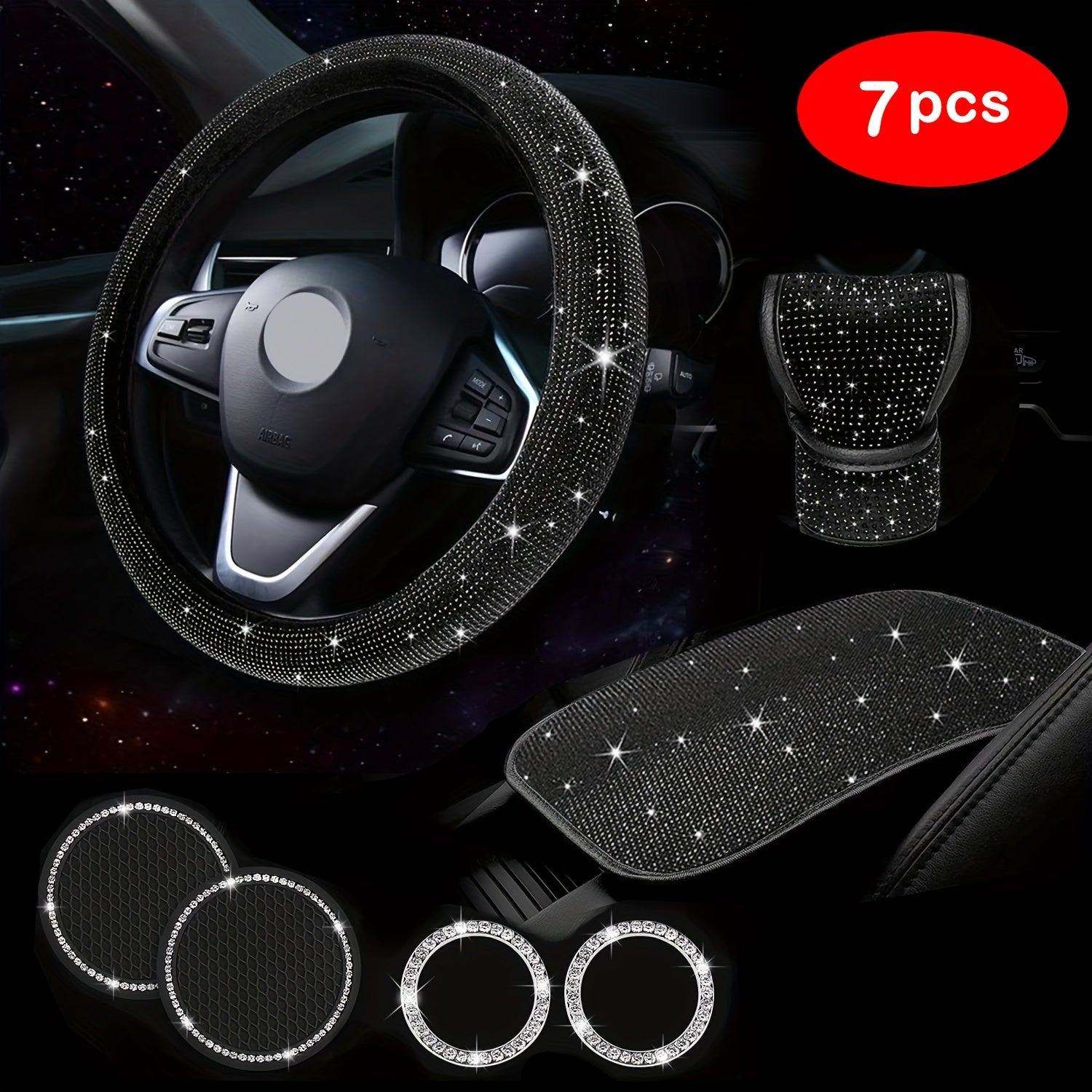 7Pcs Car Decoration Kit, Car Accessories, Car Steering Wheel Covers Set For Women, Bling White Artificial Diamond,  Center Console Cover Pad