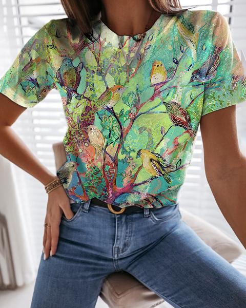 Irregular Stained Glass Bird Fashion Road Neck T-Shirts