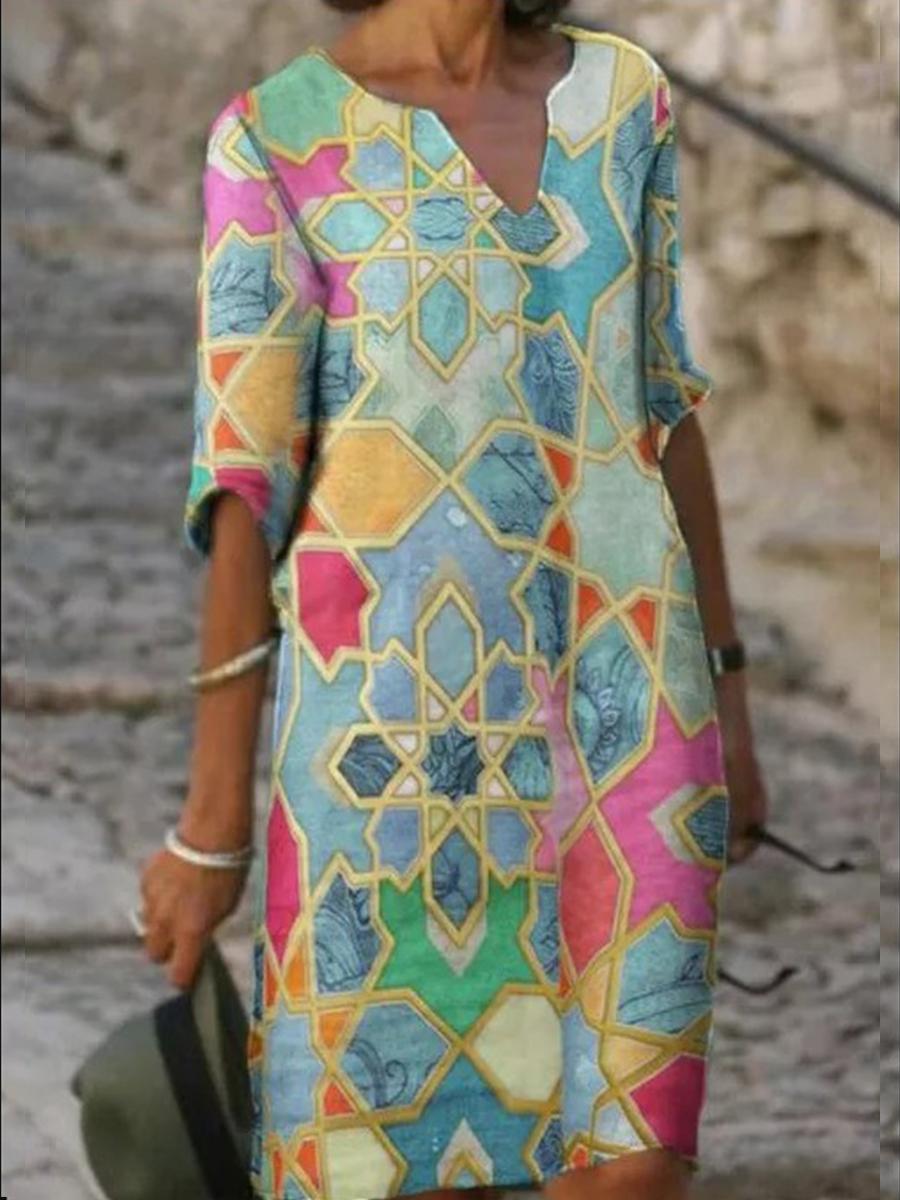V-neck Printed Loose Dress