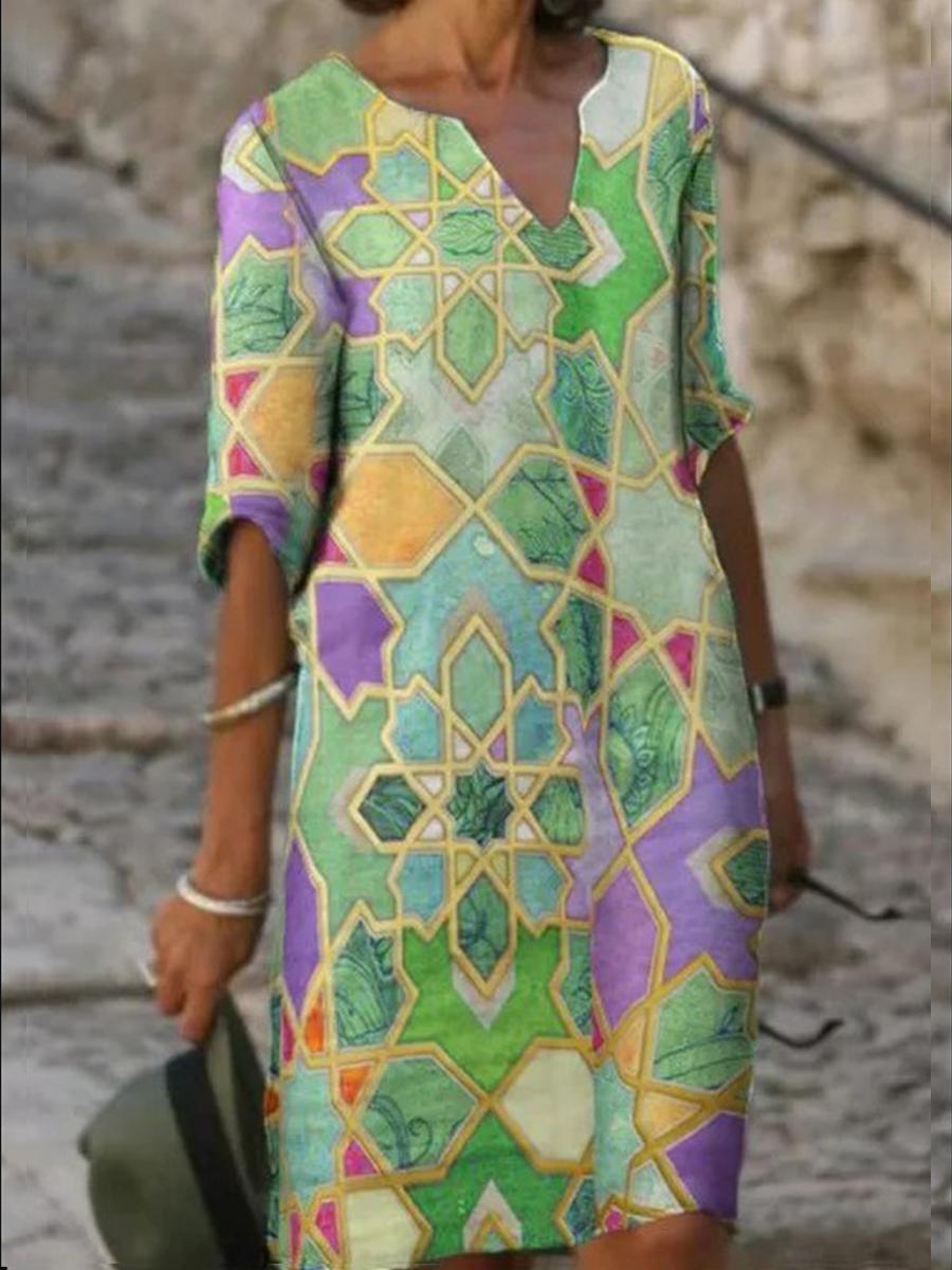 V-neck Printed Loose Dress