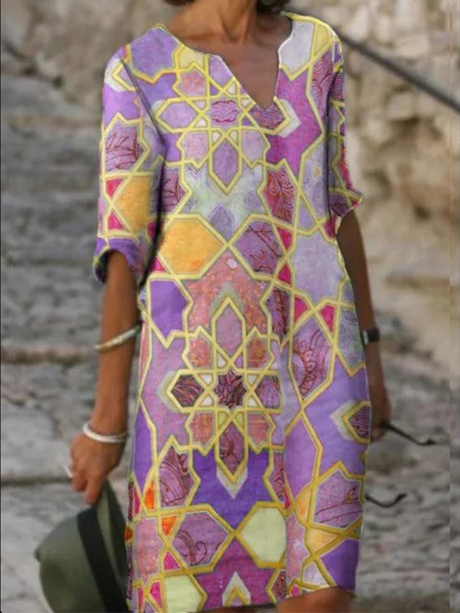 V-neck Printed Loose Dress