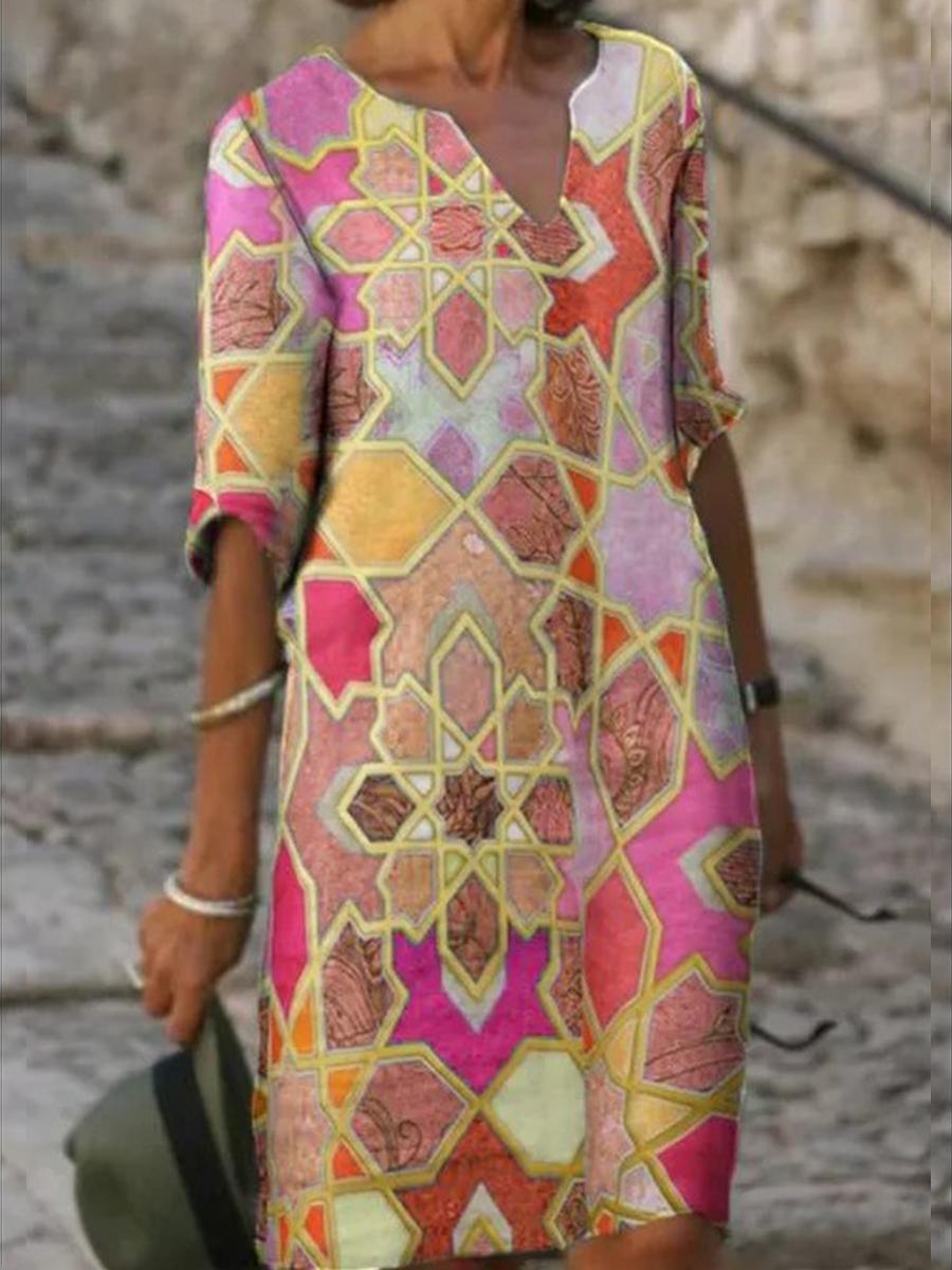 V-neck Printed Loose Dress