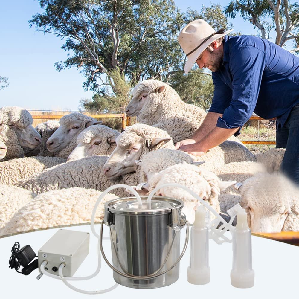 Goat MilMachine, Electric Automatic Pulsation Vacuum Milker,Portable Pulse Breast Pump with 2 Teat Cups  Steel Bucket for Goats（3L）