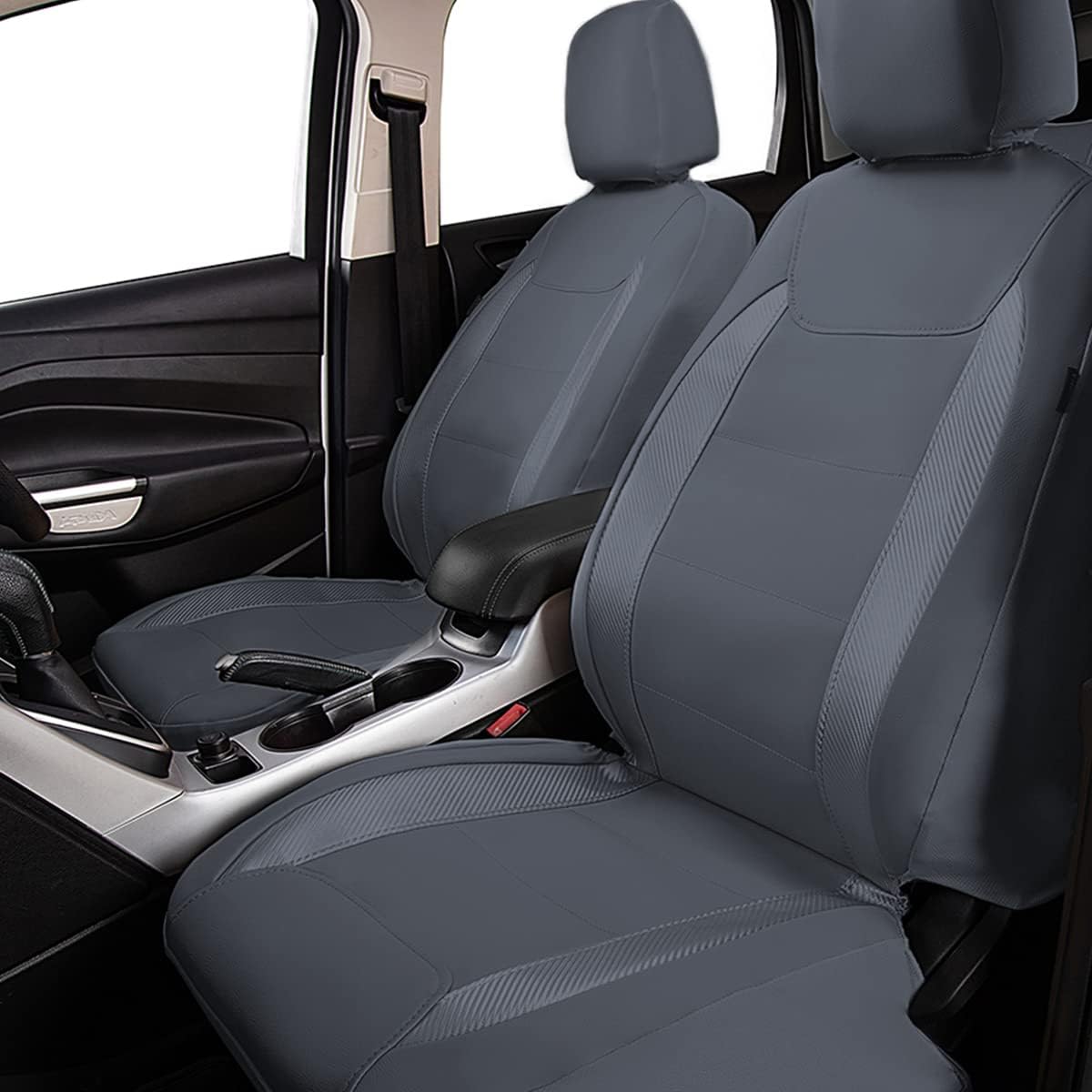Flying Banner car seat Covers Protects Water Proof Faux Leather Carbon Fiber Front and Rear Bench Split 40/60 50/50 60/40(Gray Gray, Full Set - 8PCS)