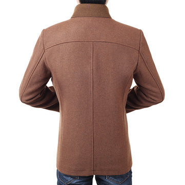 casual thick stand collar patchwork single breasted woolen coat for men