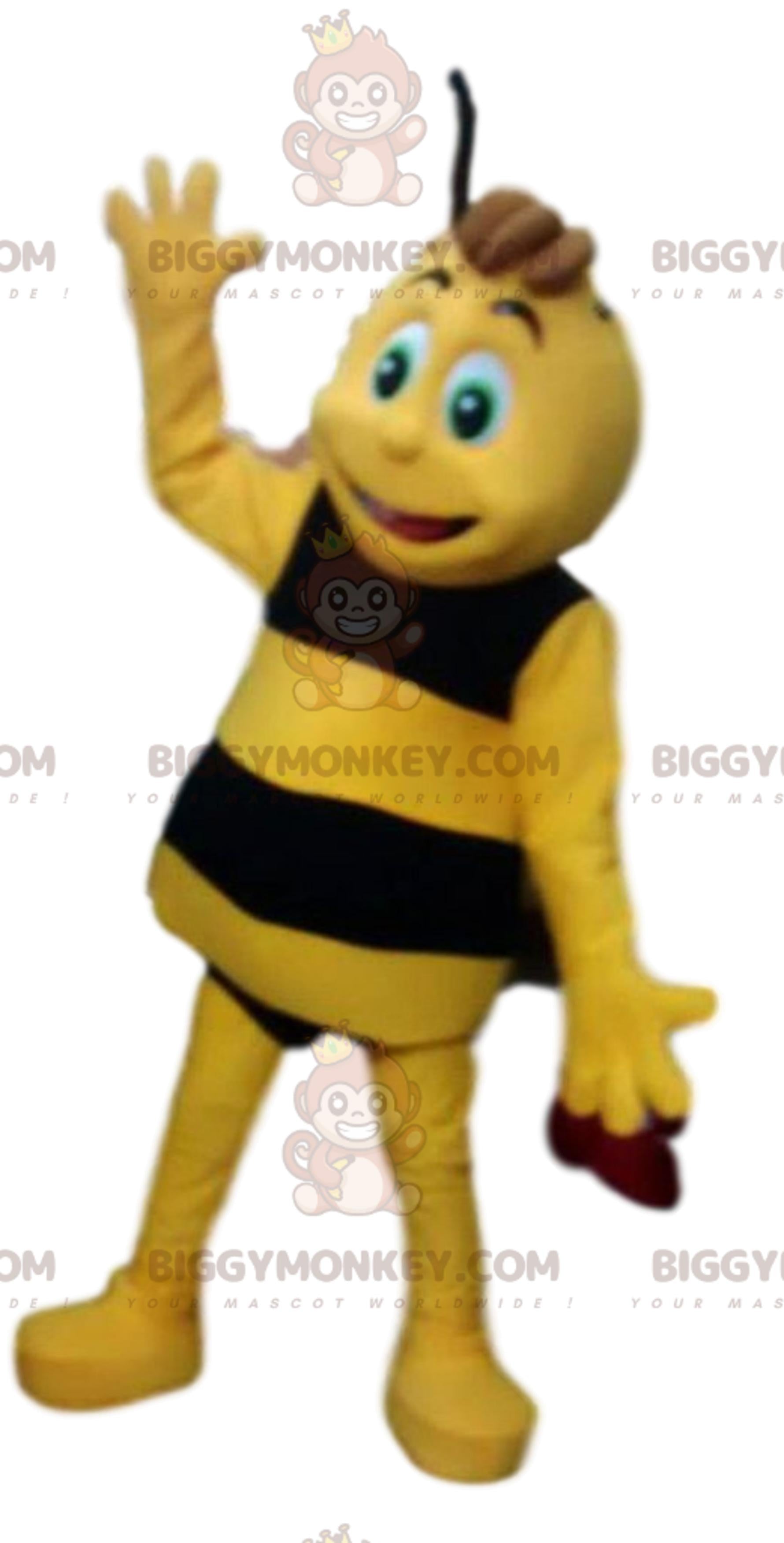 Cute and Mischievous Yellow and Black Bee BIGGYMONKEYMascot Costume
