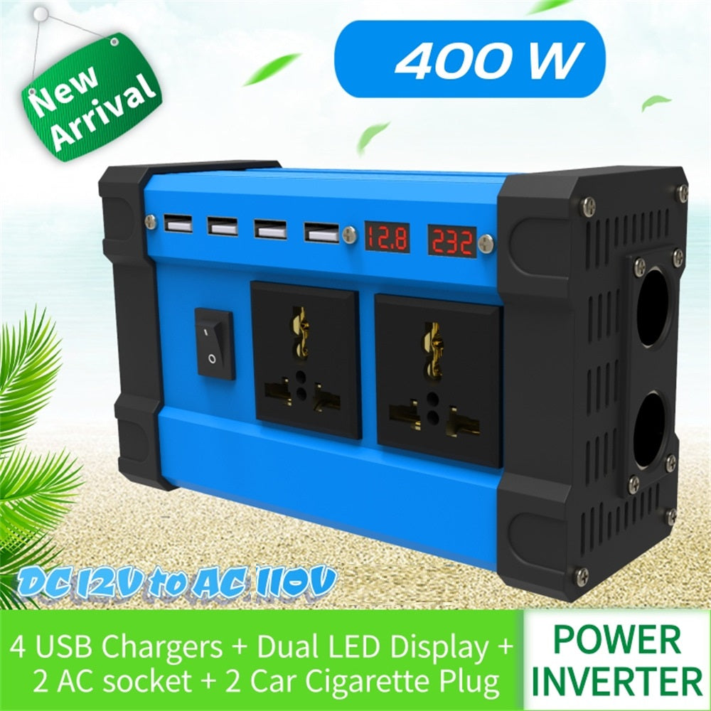 400W Power Inverter: DC 12V to AC 110V with 2 Universal Sockets, 4 USB Chargers &amp; LED Display