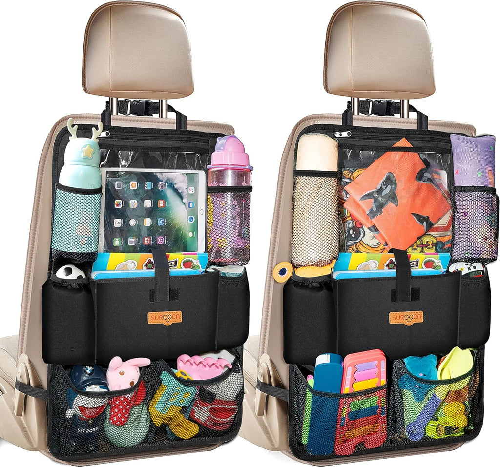 SURDOCA Car Organizers and Storage - Car Seat Organizer with 10.5-inch Clear Tablet Pocket, 4th Generation Backseat Car Organizer with 9 Pockets, Car Accessories for Kids, 2 Pack