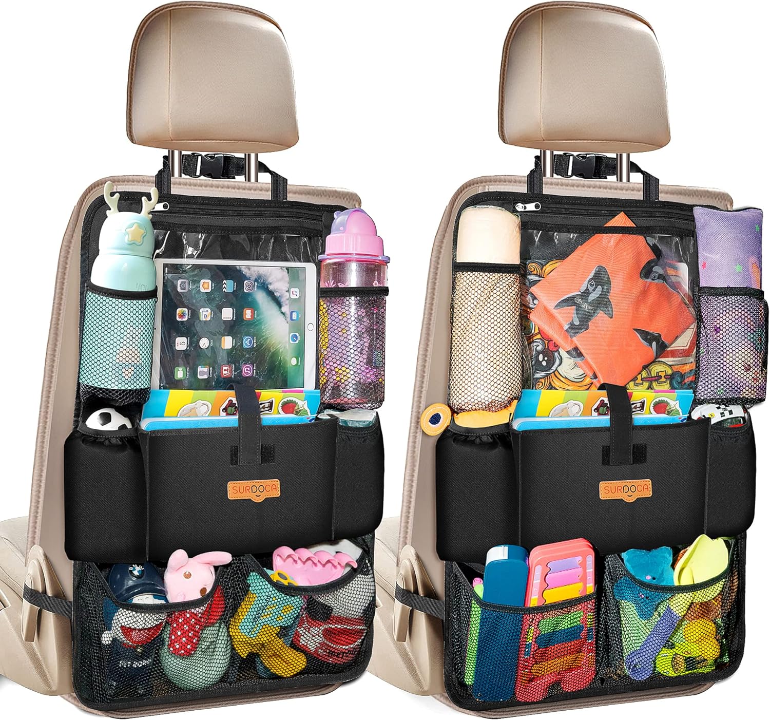 SURDOCA Car Organizers and Storage - Car Seat Organizer with 10.5-inch Clear Tablet Pocket, 4th Generation Backseat Car Organizer with 9 Pockets, Car Accessories for Kids, 2 Pack