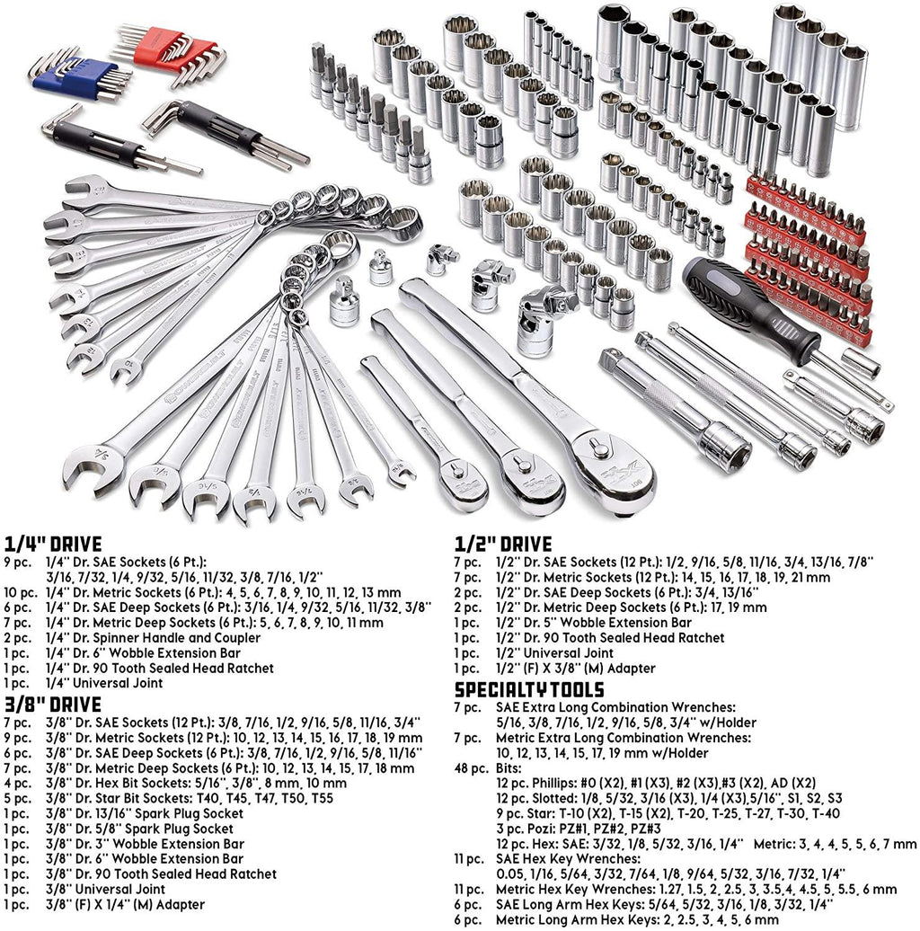 Power 200 Piece 1/4-inch, 3/8-inch, and 1/2-inch Drive Mechanics Tool Set - with SAE and Metric Socket Set, Power XT 90 Tooth Seal-Head Ratchets, including Case - 642472