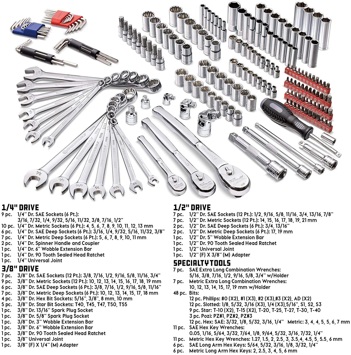 Power 200 Piece 1/4-inch, 3/8-inch, and 1/2-inch Drive Mechanics Tool Set - with SAE and Metric Socket Set, Power XT 90 Tooth Seal-Head Ratchets, including Case - 642472
