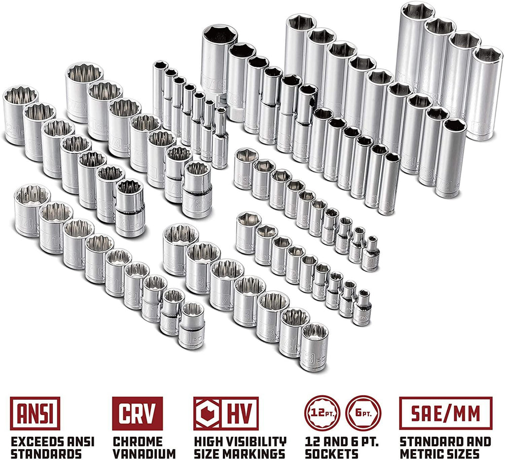 Power 200 Piece 1/4-inch, 3/8-inch, and 1/2-inch Drive Mechanics Tool Set - with SAE and Metric Socket Set, Power XT 90 Tooth Seal-Head Ratchets, including Case - 642472