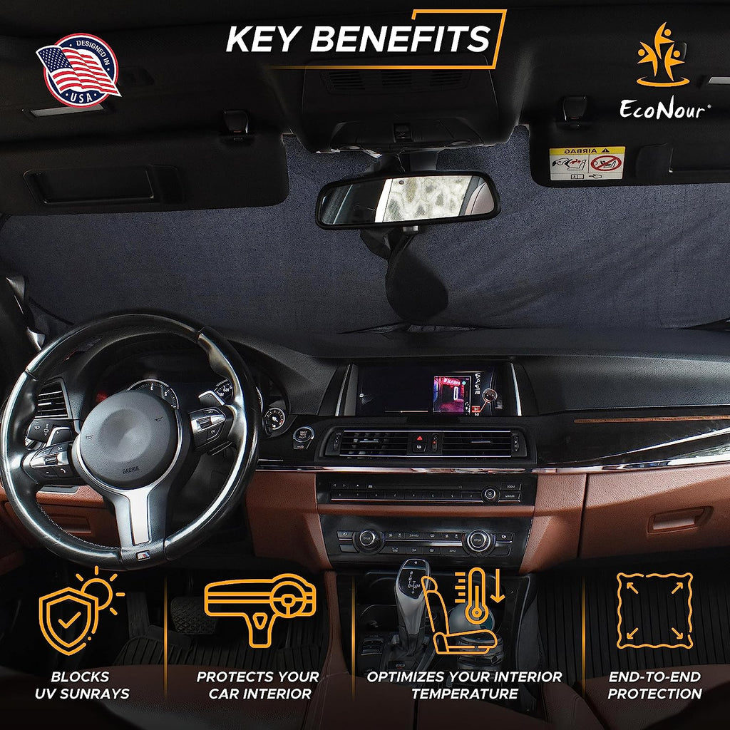 EcoNour Truck Sun Shade for Windshield | Front Truck Window Shade for Maximum UV Rays and Sun Heat Protection | Truck Sun Shield for Breezy Cool Interior | Fits Most Sedans, SUVs, and Trucks.