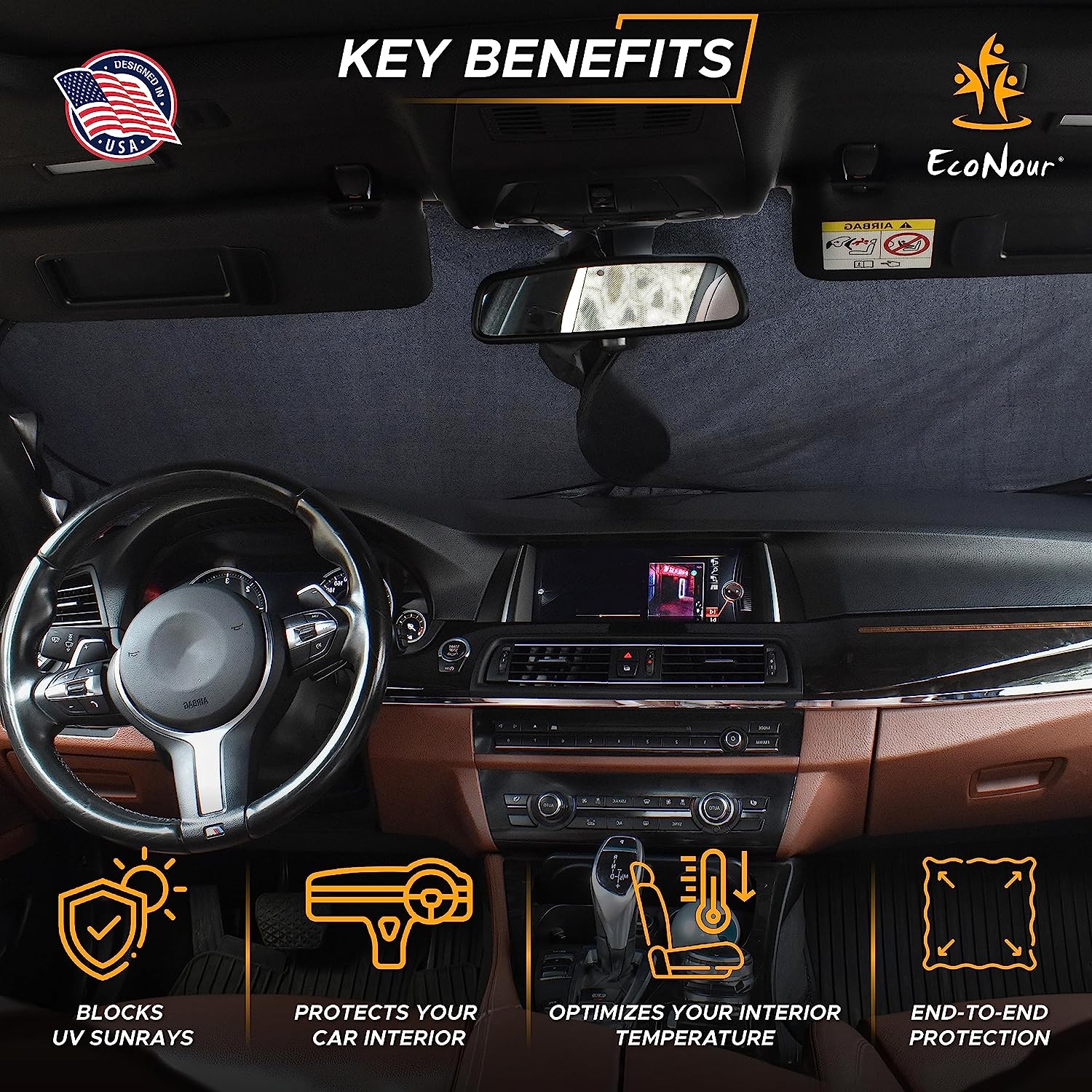 EcoNour Truck Sun Shade for Windshield | Front Truck Window Shade for Maximum UV Rays and Sun Heat Protection | Truck Sun Shield for Breezy Cool Interior | Fits Most Sedans, SUVs, and Trucks.