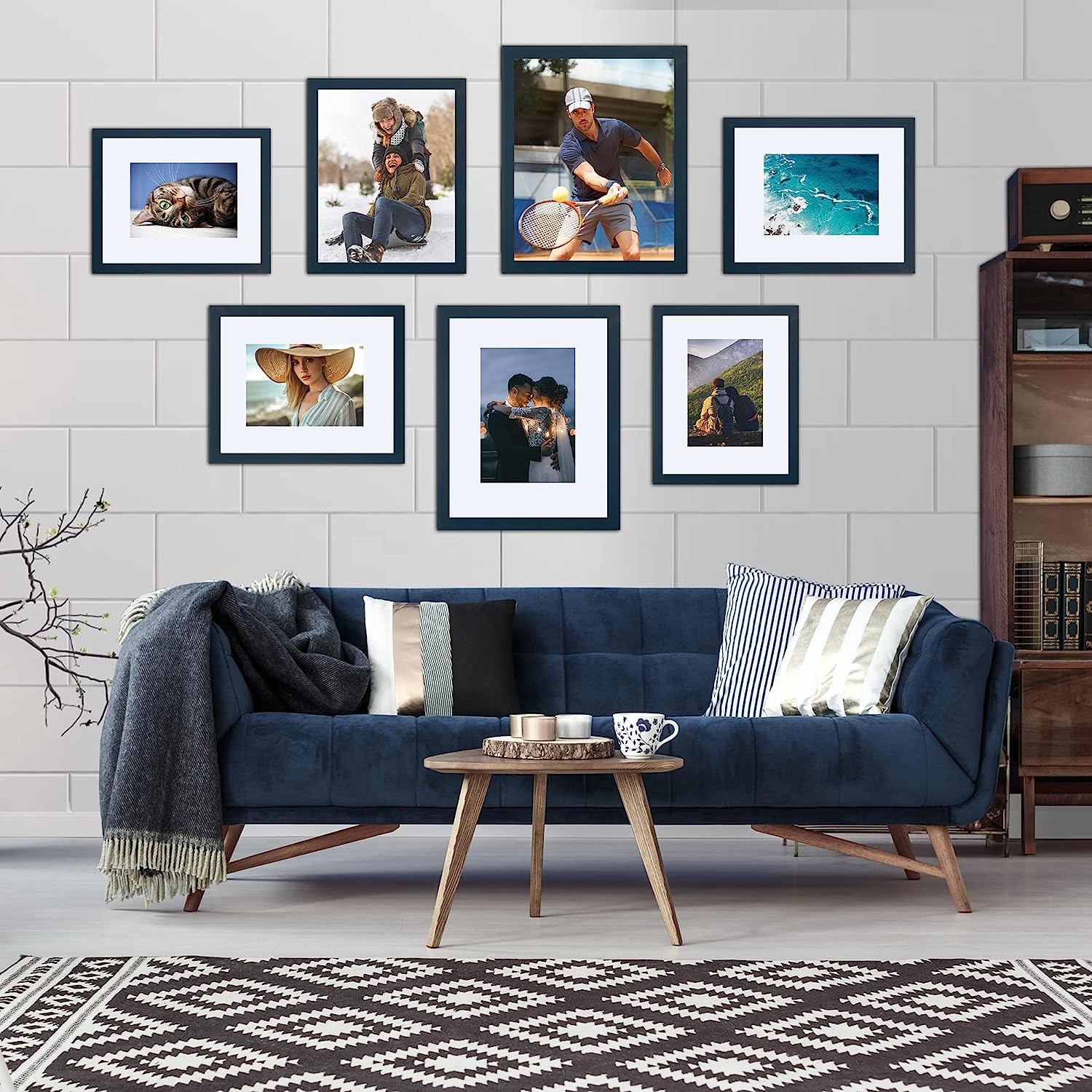 upsimples 8x10 Picture Frame Set of 5,Display Pictures 5x7 with Mat or 8x10 Without Mat,Wall Gallery Photo Frames, Navy Blue