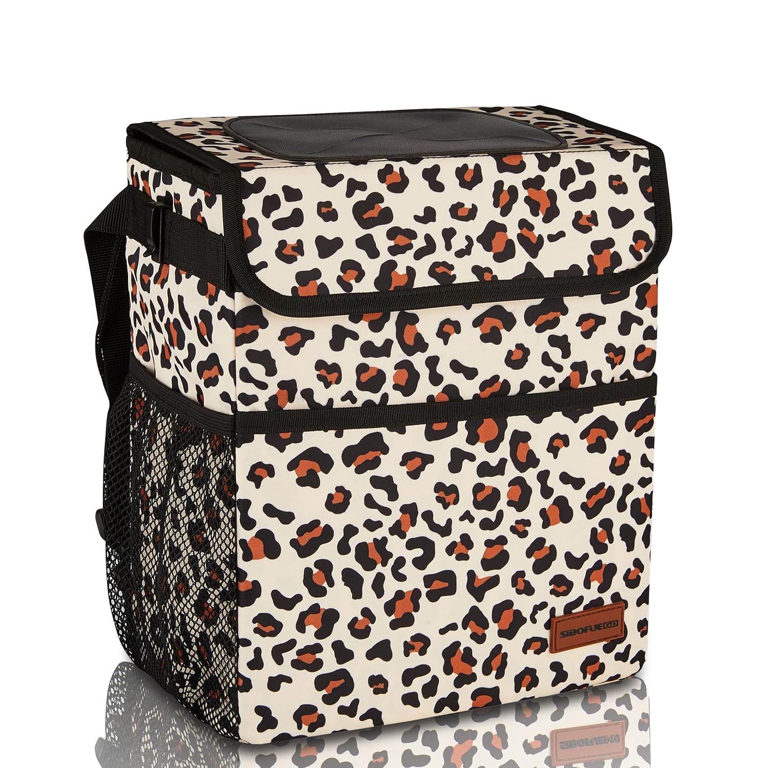 SIBOFUEGO Cute Car Trash Can with Lid - Leak Proof Car Trash Bag Hanging Waterproof Car Garbage Can with Storage Pockets Multipurpose Collapsible Car Organizer (Leopard Print)
