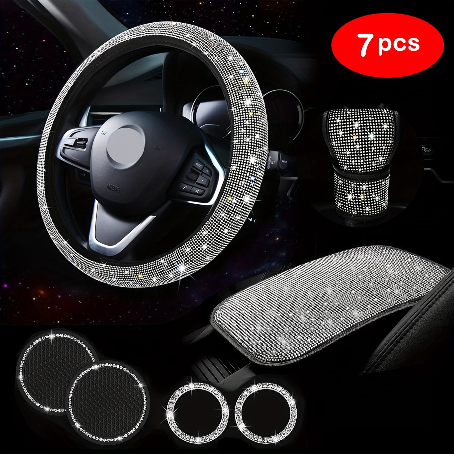 7Pcs Car Decoration Kit, Car Accessories, Car Steering Wheel Covers Set For Women, Bling White Artificial Diamond,  Center Console Cover Pad