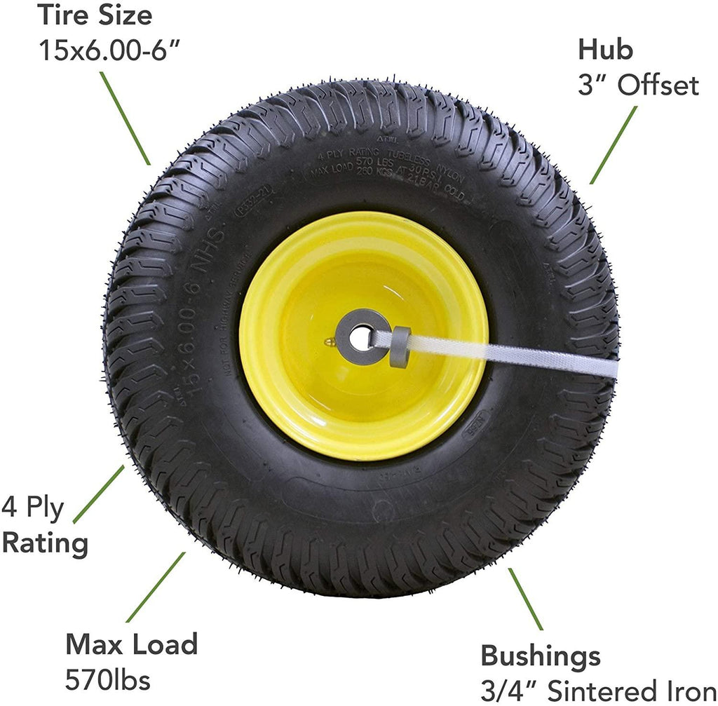 15x6.00-6" Front Tire Assembly Replacement for 100 and 300 Series John Deere Riding Mowers - 2 pack