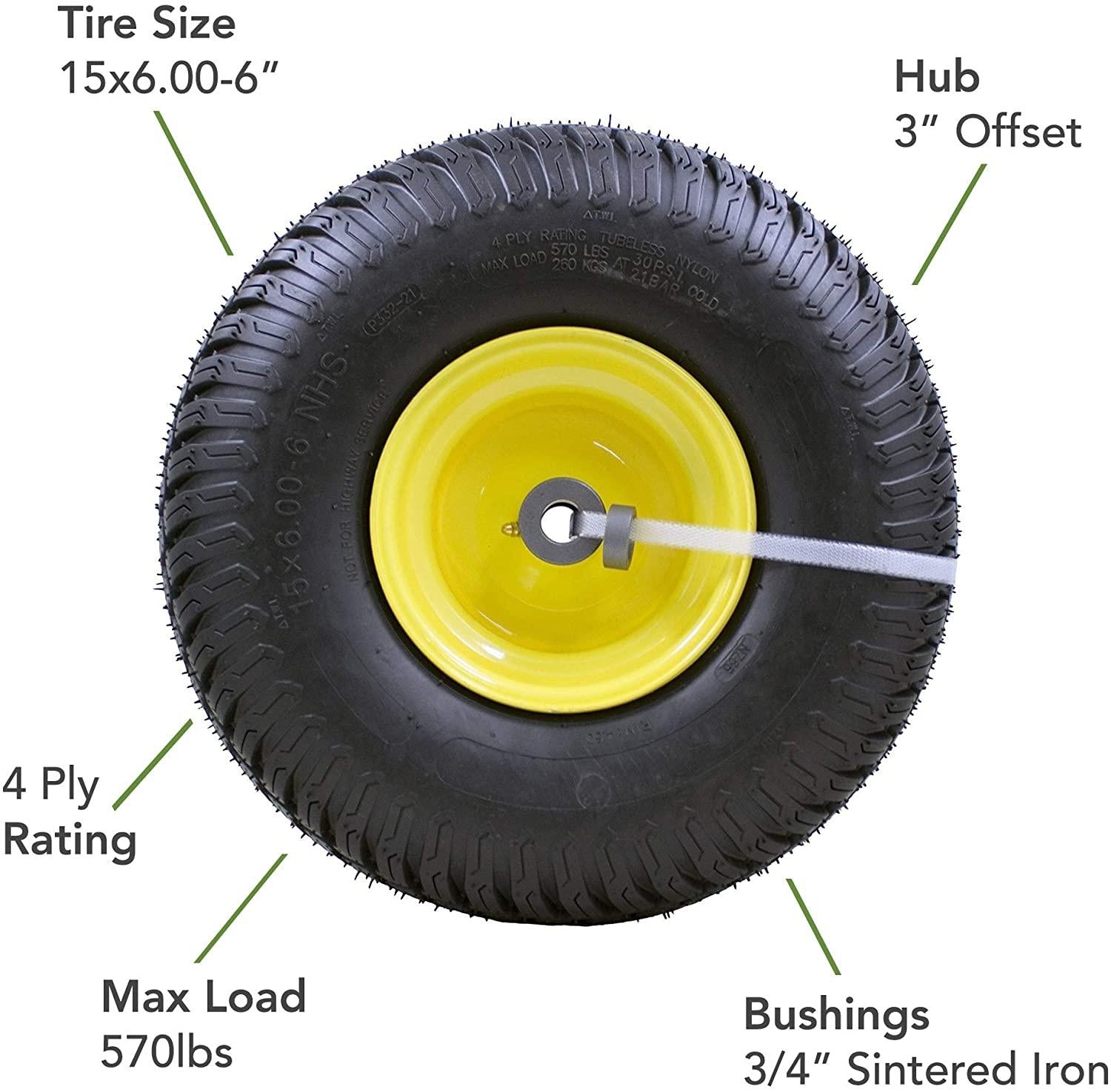 15x6.00-6" Front Tire Assembly Replacement for 100 and 300 Series John Deere Riding Mowers - 2 pack