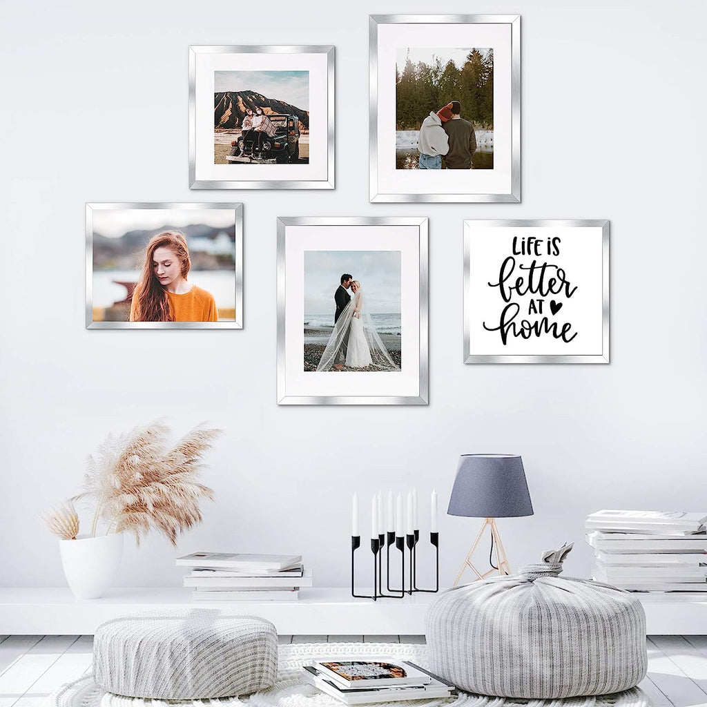 upsimples 8x12 Picture Frame Set of 5, Display Pictures 6x8 with Mat or 8x12 Without Mat, Wall Gallery Photo Frames, Silver