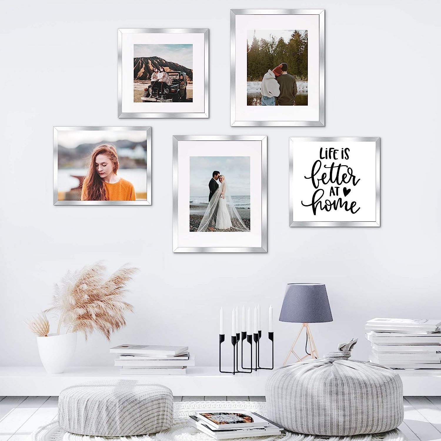 upsimples 8x12 Picture Frame Set of 5, Display Pictures 6x8 with Mat or 8x12 Without Mat, Wall Gallery Photo Frames, Silver